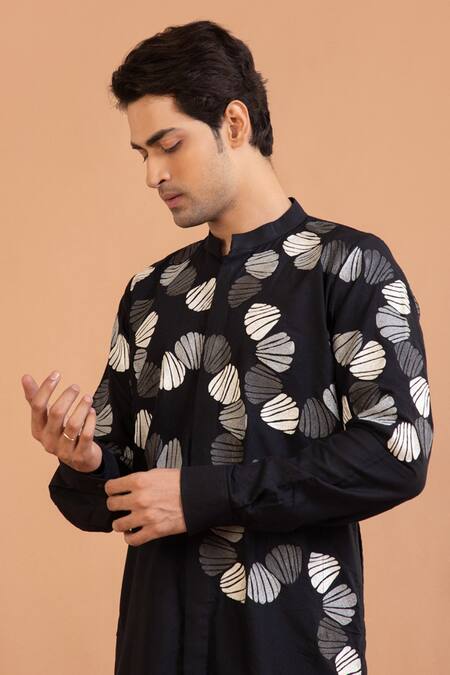 Buy_Priyanka Haralalka_Black Cotton, Silk Embroidery Kurta And Pant Set _Online_at_Aza_Fashions