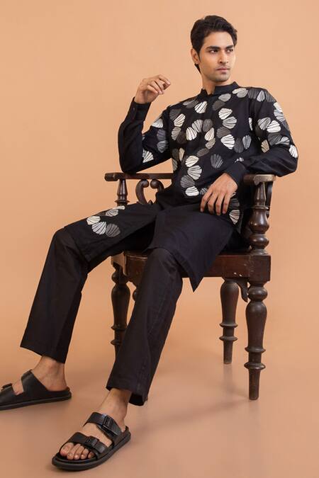 Shop_Priyanka Haralalka_Black Cotton, Silk Embroidery Kurta And Pant Set _Online_at_Aza_Fashions
