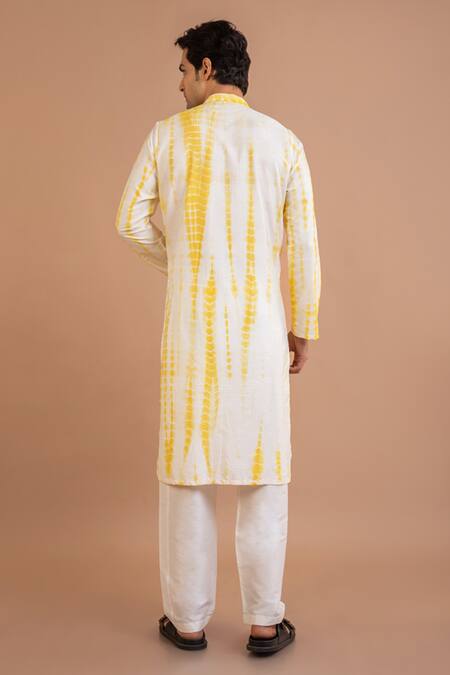 Shop_Priyanka Haralalka_Yellow Cotton, Silk Mirrors Work Kurta And Pyjama Set _at_Aza_Fashions