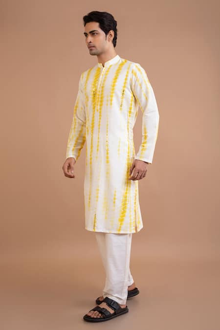 Priyanka Haralalka_Yellow Cotton, Silk Mirrors Work Kurta And Pyjama Set _Online_at_Aza_Fashions