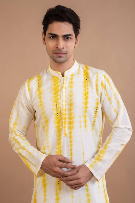 Buy_Priyanka Haralalka_Yellow Cotton, Silk Mirrors Work Kurta And Pyjama Set _Online_at_Aza_Fashions