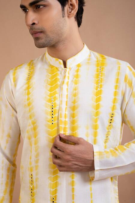 Shop_Priyanka Haralalka_Yellow Cotton, Silk Mirrors Work Kurta And Pyjama Set _Online_at_Aza_Fashions