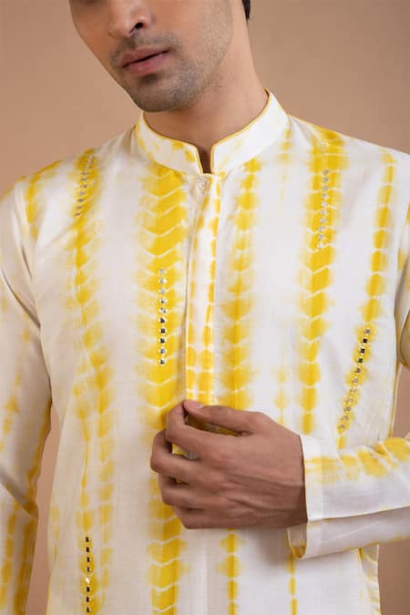 Priyanka Haralalka_Yellow Cotton, Silk Mirrors Work Kurta And Pyjama Set _at_Aza_Fashions