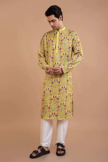 Priyanka Haralalka_Yellow Linen, Satin Peacock Print Kurta With Pyjama _Online_at_Aza_Fashions