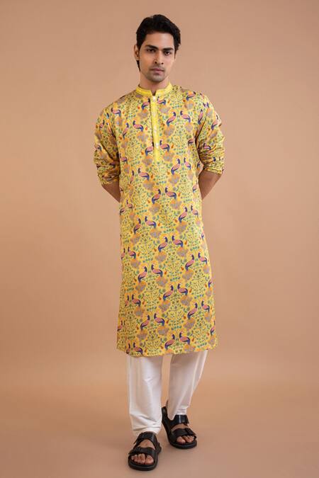 Buy_Priyanka Haralalka_Yellow Linen, Satin Peacock Print Kurta With Pyjama _Online_at_Aza_Fashions