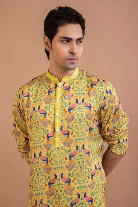 Shop_Priyanka Haralalka_Yellow Linen, Satin Peacock Print Kurta With Pyjama _Online_at_Aza_Fashions