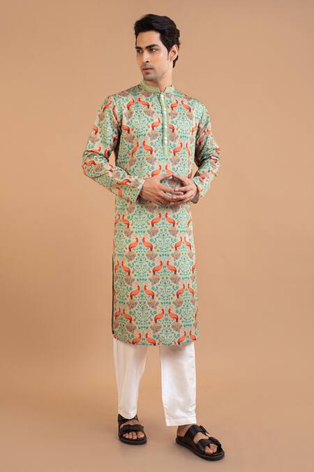 Priyanka Haralalka Green Linen, Satin Embroidery Mor Print Kurta With Pyjama Online at Aza Fashions Priyanka Haralalka_Green Linen, Satin Embroidery Mor Print Kurta With Pyjama _Online_at_Aza_Fashions