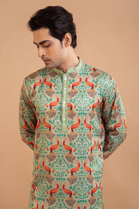 Buy Priyanka Haralalka Green Linen, Satin Embroidery Mor Print Kurta With Pyjama Online at Aza Fashions Buy_Priyanka Haralalka_Green Linen, Satin Embroidery Mor Print Kurta With Pyjama _Online_at_Aza_Fashions