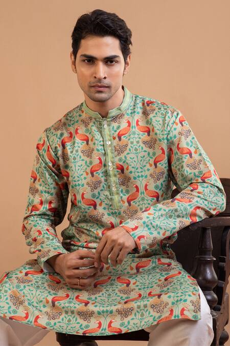 Priyanka Haralalka Green Linen, Satin Embroidery Mor Print Kurta With Pyjama at Aza Fashions Priyanka Haralalka_Green Linen, Satin Embroidery Mor Print Kurta With Pyjama _at_Aza_Fashions