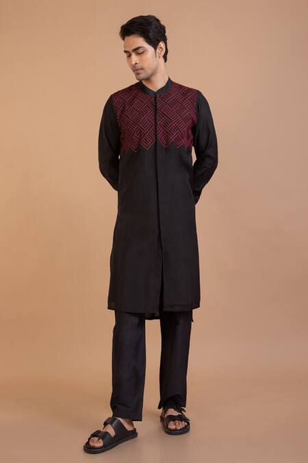 Buy Priyanka Haralalka Black Silk Embroidery Thread Placement Kurta With Pyjama Online at Aza Fashions Buy_Priyanka Haralalka_Black Silk Embroidery Thread Placement Kurta With Pyjama _Online_at_Aza_Fashions