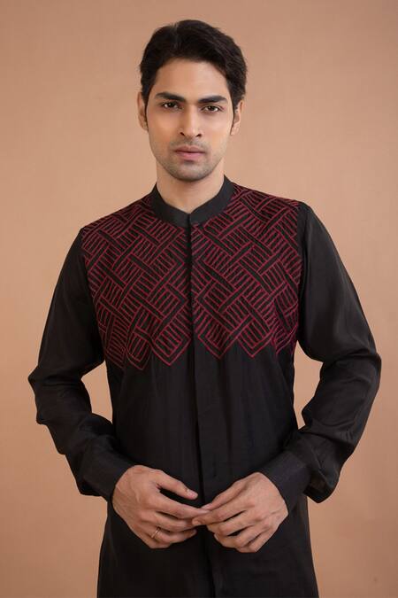 Shop Priyanka Haralalka Black Silk Embroidery Thread Placement Kurta With Pyjama Online at Aza Fashions Shop_Priyanka Haralalka_Black Silk Embroidery Thread Placement Kurta With Pyjama _Online_at_Aza_Fashions