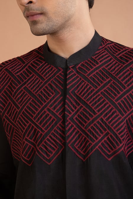 Priyanka Haralalka Black Silk Embroidery Thread Placement Kurta With Pyjama at Aza Fashions Priyanka Haralalka_Black Silk Embroidery Thread Placement Kurta With Pyjama _at_Aza_Fashions