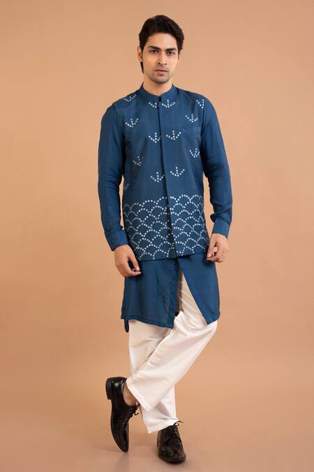 Shop Priyanka Haralalka Blue Silk Mirrors Bundi Kurta Set Shop_Priyanka Haralalka_Blue Silk Mirrors Bundi Kurta Set