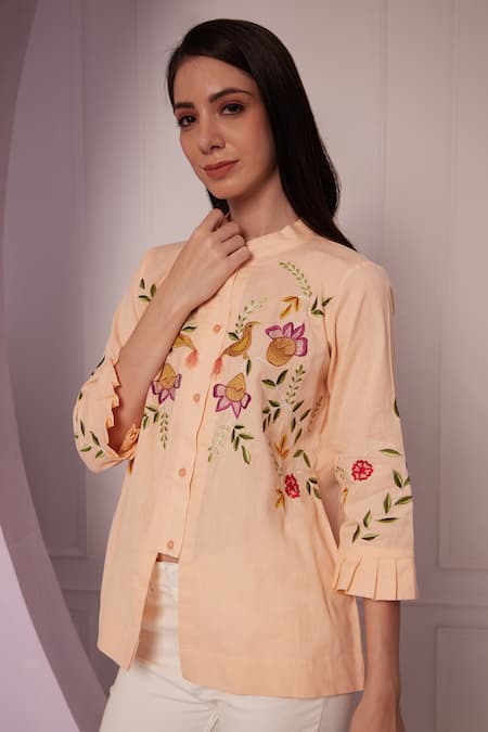 Fuga_Peach Linen Embroidery Collared Floral Shirt _Online_at_Aza_Fashions