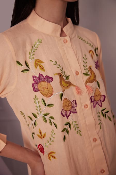 Buy_Fuga_Peach Linen Embroidery Collared Floral Shirt _Online_at_Aza_Fashions