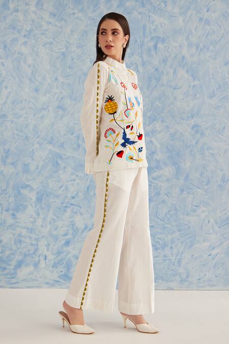 Fuga White Linen Embroidery Collared Floral Top With Bell Bottom Pant Online at Aza Fashions Fuga_White Linen Embroidery Collared Floral Top With Bell Bottom Pant_Online_at_Aza_Fashions