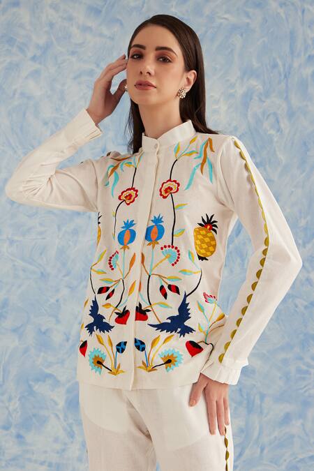 Buy Fuga White Linen Embroidery Collared Floral Top With Bell Bottom Pant Online at Aza Fashions Buy_Fuga_White Linen Embroidery Collared Floral Top With Bell Bottom Pant_Online_at_Aza_Fashions