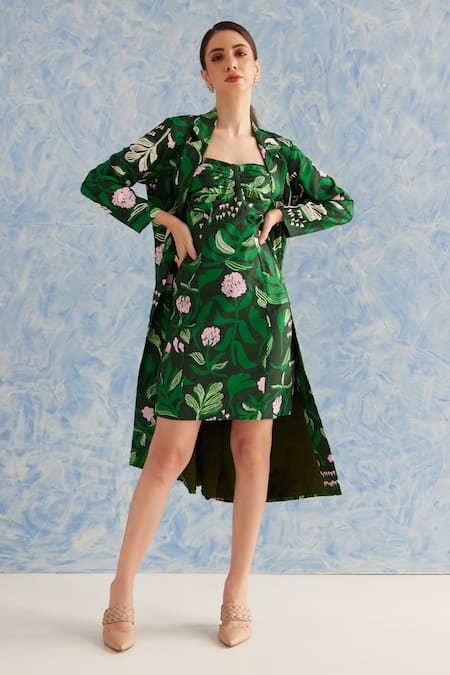 Shop_Fuga_Green Cotton Embroidery Collared Botanical Print Jacket _at_Aza_Fashions