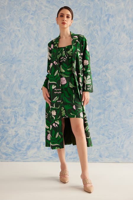 Fuga_Green Cotton Embroidery Collared Botanical Print Jacket _Online_at_Aza_Fashions