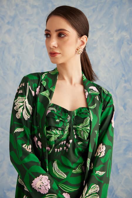 Fuga_Green Cotton Embroidery Collared Botanical Print Jacket _at_Aza_Fashions