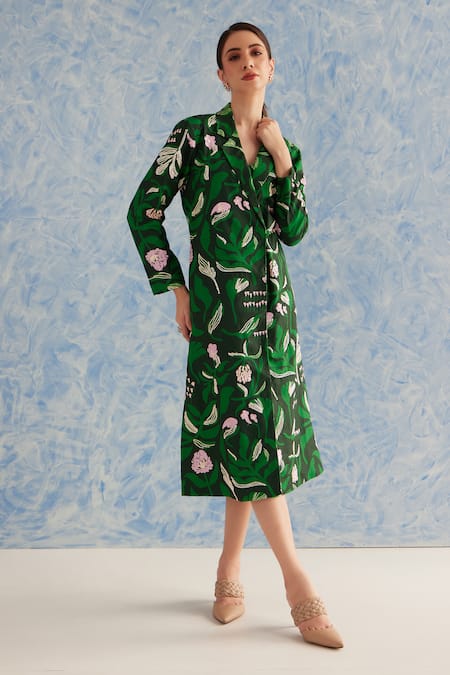 Shop Fuga Green Cotton Beads, Embroidery Round Neck, Botanical Print Dress With Jacket at Aza Fashions Shop_Fuga_Green Cotton Beads, Embroidery Round Neck, Botanical Print Dress With Jacket_at_Aza_Fashions