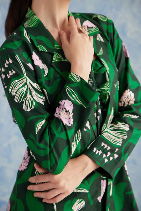 Shop Fuga Green Cotton Beads, Embroidery Round Neck, Botanical Print Dress With Jacket Online at Aza Fashions Shop_Fuga_Green Cotton Beads, Embroidery Round Neck, Botanical Print Dress With Jacket_Online_at_Aza_Fashions