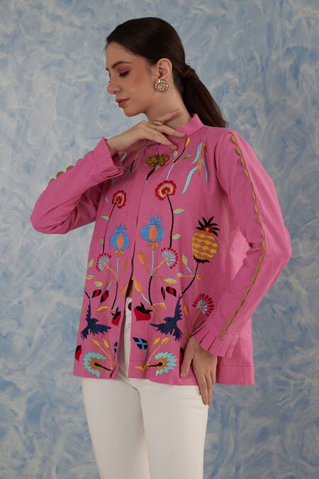 Fuga_Pink Linen Embroidery Collared Floral Jacket_Online_at_Aza_Fashions
