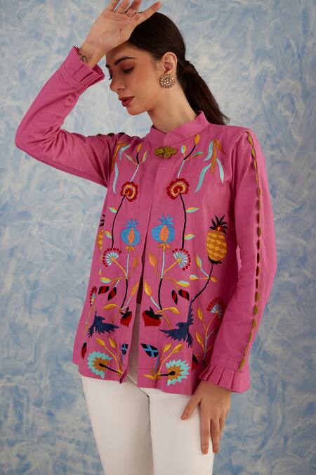 Buy_Fuga_Pink Linen Embroidery Collared Floral Jacket_Online_at_Aza_Fashions