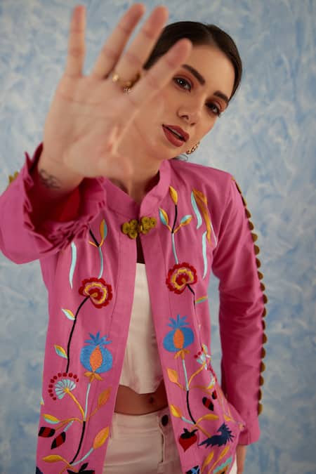 Shop_Fuga_Pink Linen Embroidery Collared Floral Jacket_Online_at_Aza_Fashions