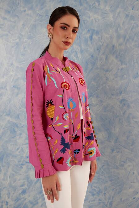 Fuga_Pink Linen Embroidery Collared Floral Jacket_at_Aza_Fashions