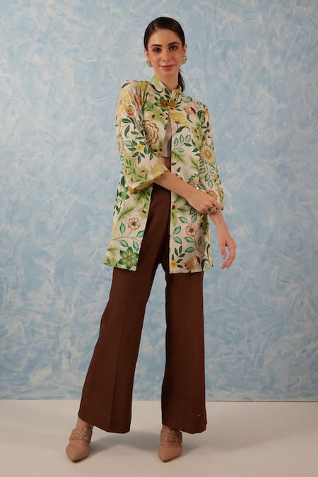 FUGA Green Soft Cotton Print Floral Stand Botanical Blazer With Bell Bottom Pant 