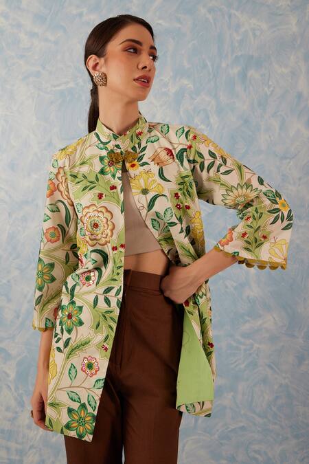 Shop Fuga Green Linen, Cotton Sequins, Botanical Print Blazer With Bell Bottom Pant at Aza Fashions Shop_Fuga_Green Linen, Cotton Sequins, Botanical Print Blazer With Bell Bottom Pant_at_Aza_Fashions