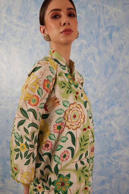 Fuga Green Linen, Cotton Sequins, Botanical Print Blazer With Bell Bottom Pant Online at Aza Fashions Fuga_Green Linen, Cotton Sequins, Botanical Print Blazer With Bell Bottom Pant_Online_at_Aza_Fashions