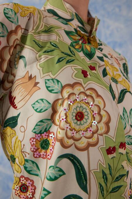 Buy Fuga Green Linen, Cotton Sequins, Botanical Print Blazer With Bell Bottom Pant Online at Aza Fashions Buy_Fuga_Green Linen, Cotton Sequins, Botanical Print Blazer With Bell Bottom Pant_Online_at_Aza_Fashions