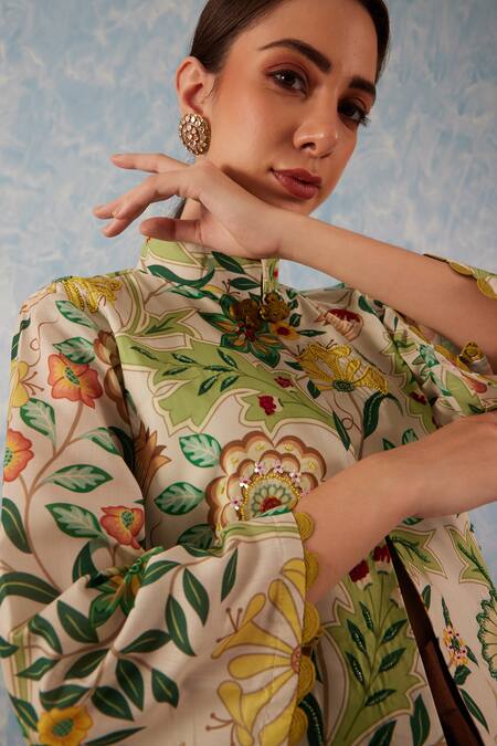 Shop Fuga Green Linen, Cotton Sequins, Botanical Print Blazer With Bell Bottom Pant Online at Aza Fashions Shop_Fuga_Green Linen, Cotton Sequins, Botanical Print Blazer With Bell Bottom Pant_Online_at_Aza_Fashions