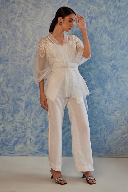Shop Fuga White Organza Embroidery V-neck Sheer Kaftan Top Pant Set at Aza Fashions Shop_Fuga_White Organza Embroidery V-neck Sheer Kaftan Top Pant Set_at_Aza_Fashions