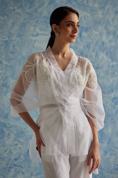 Fuga White Organza Embroidery V-neck Sheer Kaftan Top Pant Set Online at Aza Fashions Fuga_White Organza Embroidery V-neck Sheer Kaftan Top Pant Set_Online_at_Aza_Fashions