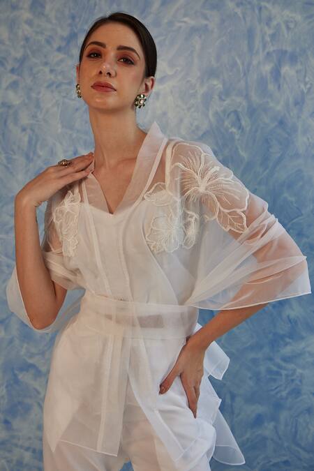 Buy Fuga White Organza Embroidery V-neck Sheer Kaftan Top Pant Set Online at Aza Fashions Buy_Fuga_White Organza Embroidery V-neck Sheer Kaftan Top Pant Set_Online_at_Aza_Fashions
