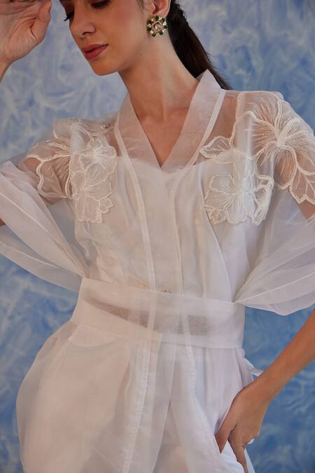 Shop Fuga White Organza Embroidery V-neck Sheer Kaftan Top Pant Set Online at Aza Fashions Shop_Fuga_White Organza Embroidery V-neck Sheer Kaftan Top Pant Set_Online_at_Aza_Fashions