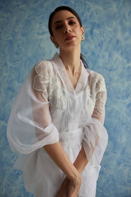 Fuga White Organza Embroidery V-neck Sheer Kaftan Top Pant Set at Aza Fashions Fuga_White Organza Embroidery V-neck Sheer Kaftan Top Pant Set_at_Aza_Fashions