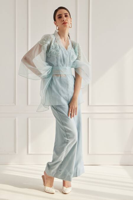 Fuga_Blue Organza, Cotton Embroidery V-neck Sheer Floral Kaftan Top Pant Set_Online_at_Aza_Fashions