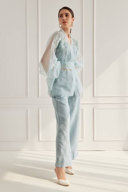 Buy_Fuga_Blue Organza, Cotton Embroidery V-neck Sheer Floral Kaftan Top Pant Set_Online_at_Aza_Fashions