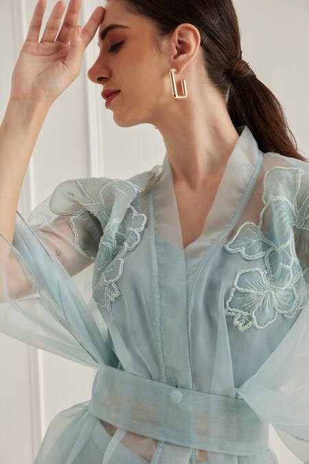 Fuga_Blue Organza, Cotton Embroidery V-neck Sheer Floral Kaftan Top Pant Set_at_Aza_Fashions