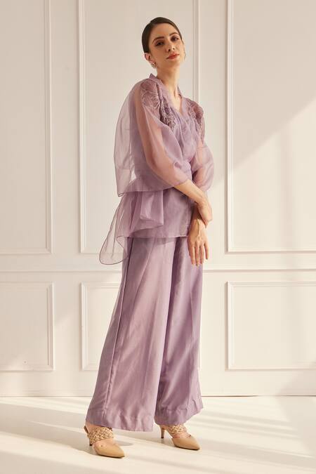 Shop Fuga Purple Organza Embroidery V-neck Sheer Flower Kaftan Top Pant Set at Aza Fashions Shop_Fuga_Purple Organza Embroidery V-neck Sheer Flower Kaftan Top Pant Set_at_Aza_Fashions