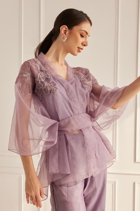 Fuga Purple Organza Embroidery V-neck Sheer Flower Kaftan Top Pant Set Online at Aza Fashions Fuga_Purple Organza Embroidery V-neck Sheer Flower Kaftan Top Pant Set_Online_at_Aza_Fashions