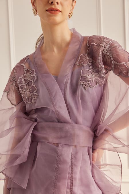 Shop Fuga Purple Organza Embroidery V-neck Sheer Flower Kaftan Top Pant Set Online at Aza Fashions Shop_Fuga_Purple Organza Embroidery V-neck Sheer Flower Kaftan Top Pant Set_Online_at_Aza_Fashions
