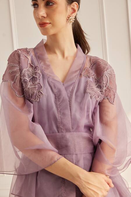 Fuga Purple Organza Embroidery V-neck Sheer Flower Kaftan Top Pant Set at Aza Fashions Fuga_Purple Organza Embroidery V-neck Sheer Flower Kaftan Top Pant Set_at_Aza_Fashions