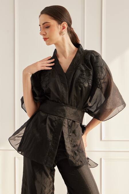 Fuga Black Organza Embroidery V-neck Flower Kaftan Top Pant Set Online at Aza Fashions Fuga_Black Organza Embroidery V-neck Flower Kaftan Top Pant Set_Online_at_Aza_Fashions