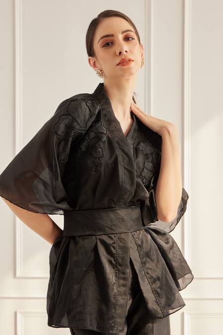 Buy Fuga Black Organza Embroidery V-neck Flower Kaftan Top Pant Set Online at Aza Fashions Buy_Fuga_Black Organza Embroidery V-neck Flower Kaftan Top Pant Set_Online_at_Aza_Fashions