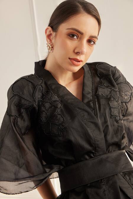 Shop Fuga Black Organza Embroidery V-neck Flower Kaftan Top Pant Set Online at Aza Fashions Shop_Fuga_Black Organza Embroidery V-neck Flower Kaftan Top Pant Set_Online_at_Aza_Fashions